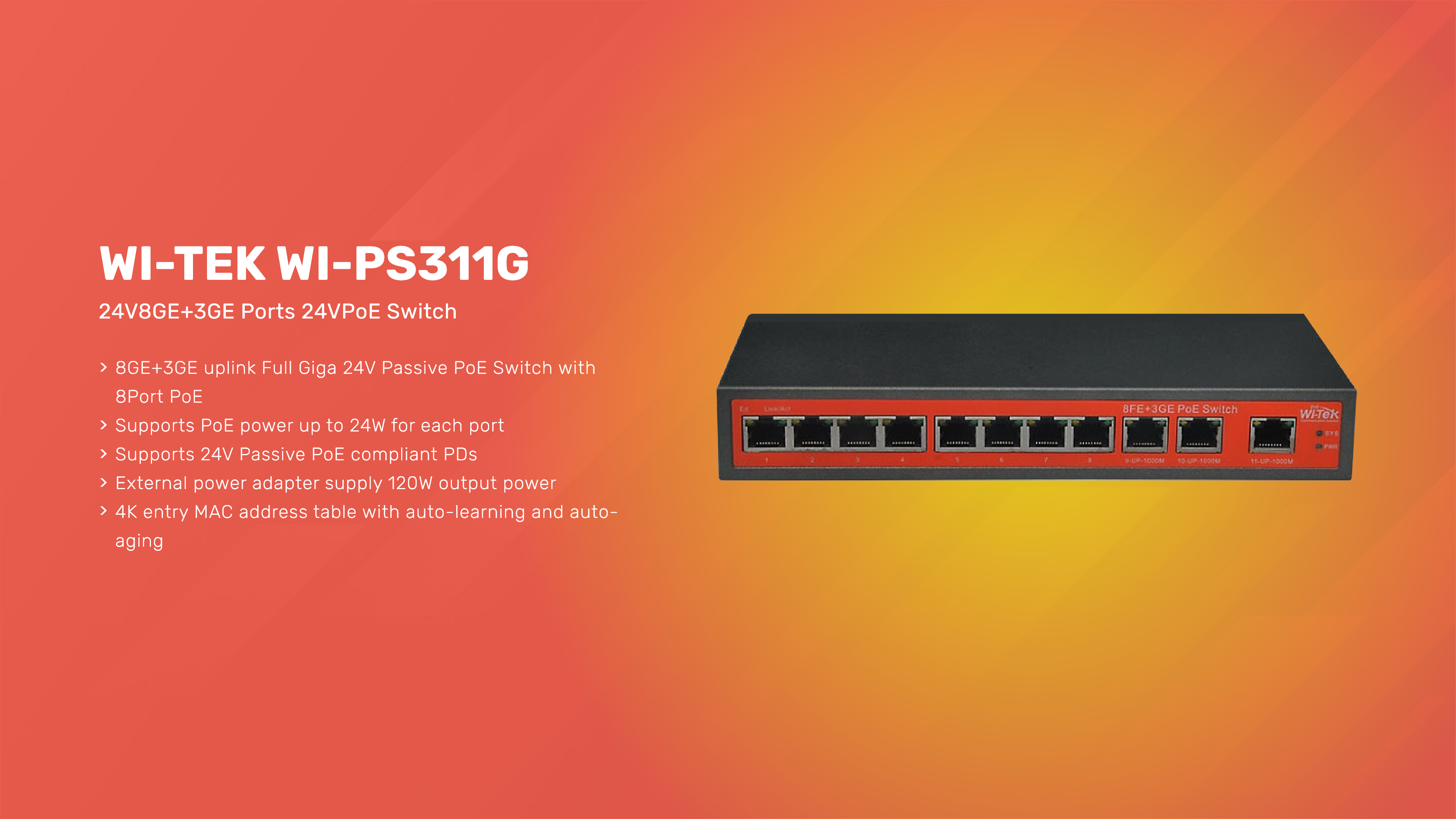 Wi-tek WI-PS311G-24V8GE+3GE Ports 24VPoE Switch