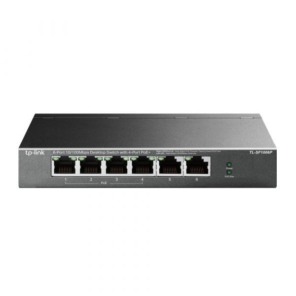 "Effortlessly power devices with TP-Link's TL-SF1006P. This 6-port 10/100Mbps desktop switch features 4 PoE+ ports, ensuring seamless connectivity and power distribution for your network-enabled devices. Simplify your setup today."